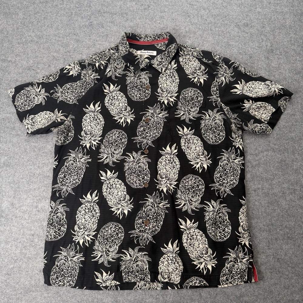 Tommy Bahama Men's Silk Hawaiian Shirt XL Black White Pineapple Short Sleeve Tro